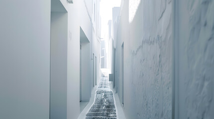 Poster - A vertical shot of a narrow pathway in the middle of white buildings : Generative AI