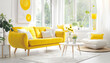 Spring atmosphere. Stylish room interior with cozy furniture in yellow and white colors