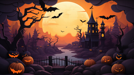 Wall Mural - Illustration of Halloween holiday. Orange pumpkins, bats and different scary decorations 