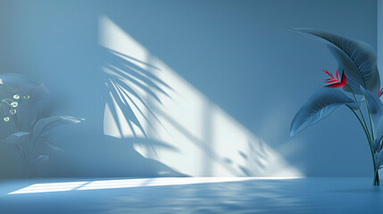 Abstract blue color gradient studio background for product presentation Empty room with shadows of window and flowers and palm leaves  3d room with copy space Summer concert Blurred ba : Generative AI