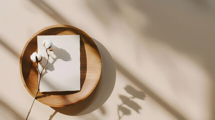 Aufkleber - Blank paper cards Mockup with a cotton flower on a wooden plate beige background Minimal beige workplace composition flat lay mockup : Generative AI
