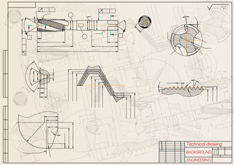 Wall Mural - Mechanical engineering drawings on sepia background. Tap tools, borer. Technical Design. Cover. Blueprint. Vector illustration.