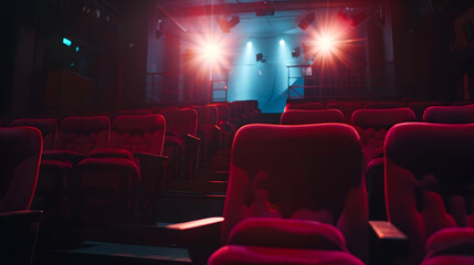 Aufkleber - stage light hitting red cloth seats in theater  movie theater : Generative AI