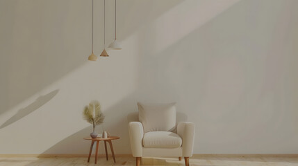 Aufkleber - Interior living room wall mockup with sofa chair side table and hanging lights on white wall background with wooden flooring : Generative AI
