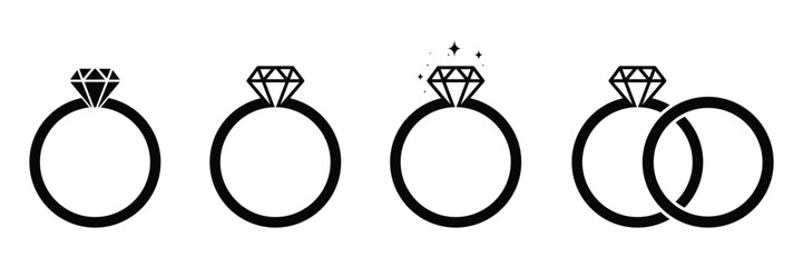 Set of Diamond engagement ring icon. Wedding ring icon. Jewelry and marriage Gemstone rings symbol collection. Vector Illustration.