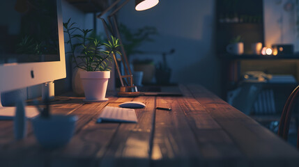 Leinwandbilder - Working place at home on wooden table : Generative AI