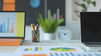 Poster - Close up of modern workplace with empty laptop colorful diagram on paper and clock Mock up : Generative AI