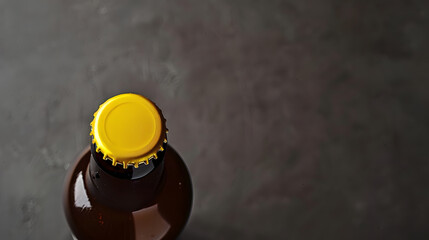 Poster - Top up view brown beer bottle with blank yellow template isolated on grey background beer fiesta concept : Generative AI