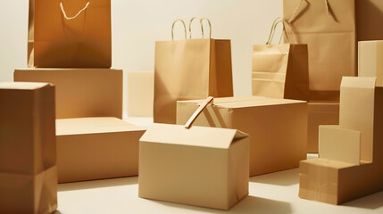 Poster - Cardboard boxes and paper bag isolated on white : Generative AI
