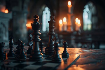 Candlelit Chess Set in an Ancient Royal Palace - A Moody, Atmospheric Capture