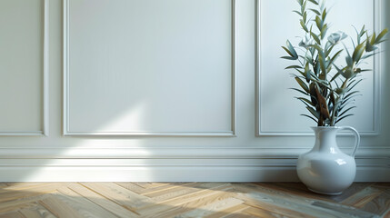 Poster - White classic wall background brown parquet floor home furniture detail frame and vase of plant : Generative AI