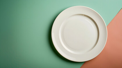 Aufkleber - Top view on colored background empty round white plate on tablecloth for food Empty dish on napkin with space for your design : Generative AI