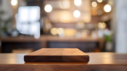 Poster - Wooden board empty Table Top And Blur Interior over blur in coffee shop Background Mock up for display of product : Generative AI