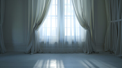 Aufkleber - Backlit window with white curtains in empty room : Generative AI
