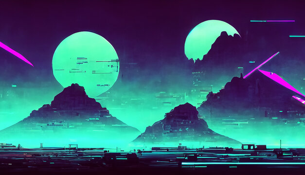 Vivid neon colorful fantasy retro landscape with forest and mountains, wide banner background, Night and sunset neon colors, cyberpunk vintage illustration.