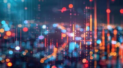 Fototapete - Abstract glowing big data forex candlestick chart on blurry city backdrop. Trade, technology, investment and analysis concept. Double exposure