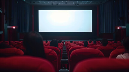 Aufkleber - Cinema blank wide screen and people in red chairs in the cinema hall Blurred People silhouettes watching movie performance : Generative AI