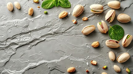 Wall Mural -   Pistachio nuts, green leaves, gray background Water droplets on nuts and leaves