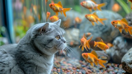 British shorthair silver cat watching goldfish in an aquarium.