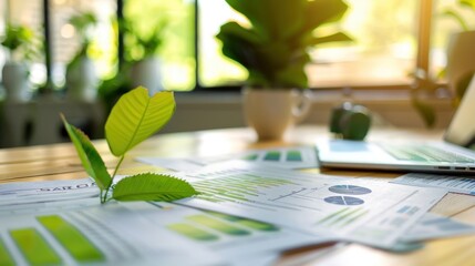 Illustration of a sustainability consultant's desk with a sustainability report and an eco-friendly building plan. Ai generated