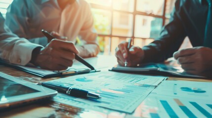 Poster - Business financial, accountant discussing with partner are meeting to audit finance planning sales to meet targets set in next year. stock market concept..