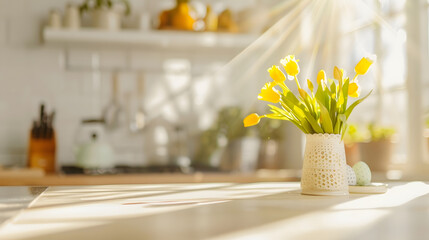 Aufkleber - Table background of free space and kitchen interiorWhite wall with shadows and sunny warm morning timeCopy space for your composition Easter table with spring flowers in a sunny April  : Generative AI