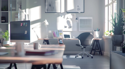 Leinwandbilder - Interior of a modern light small company office Workspace office stationery and business environment comfort for interaction and development : Generative AI