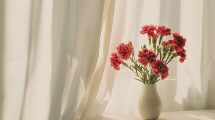 Aufkleber - Aesthetic interior floral composition carnation flowers bouquet in vase on beige tabletop linen curtain and a white wall background elegant minimalist modern home decor : Generative AI