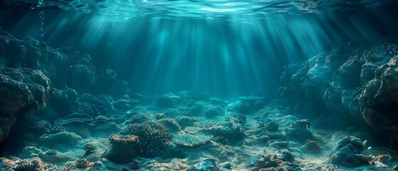 Light on the sea depth in an underwater deep-sea gorge. AI underwater deep-sea gorge.