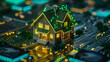 Real Estate Smart Home Model with Green Lighting on Digital Circuit Board, Representing Modern Real Estate Technology and Innovation