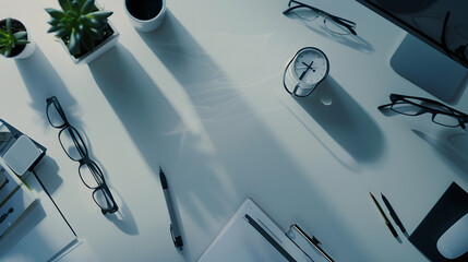 Poster - Top view with copy space of office desk with accessories : Generative AI