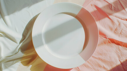 Aufkleber - Top view on colored background empty round white plate on tablecloth for food Empty dish on napkin with space for your design : Generative AI