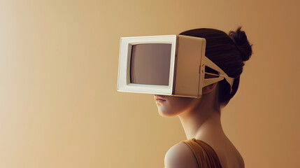 Poster - Girl with a computer monitor on her head and empty brown copyspace : Generative AI