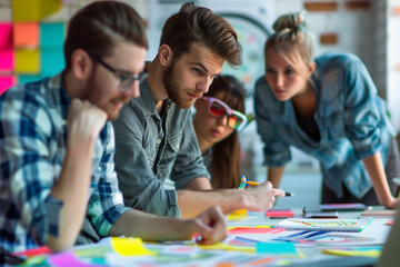 Wall Mural - Businesspeople discussing ideas and making plans at a table in a contemporary workplace.