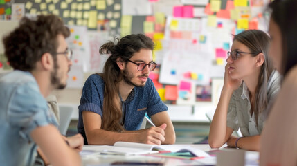 Wall Mural - Businesspeople discussing ideas and making plans at a table in a contemporary workplace.