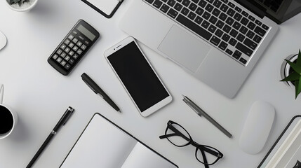 Leinwandbilder - White office desk table workspace office with laptop smartphone black screen pen calculator glasses Top view with copy space : Generative AI