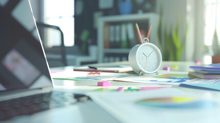 Leinwandbilder - Close up of modern workplace with empty laptop colorful diagram on paper and clock Mock up : Generative AI