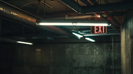 Poster - Grungy dimly lit empty parking garage with overhead lights and an exit sign hanging from the ceiling : Generative AI