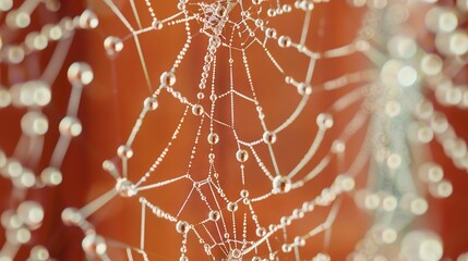 Wall Mural - a spider web with drops of water and a brick wall background