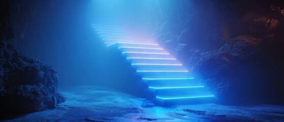 Poster - Blue neon lights, stairs, and spotlights make up this abstract scene.