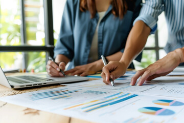 Wall Mural - Discussing tax financial contract documents with a broad group of professional colleagues at a meeting in the workplace.