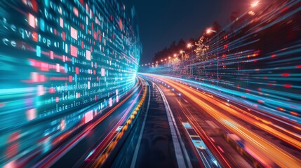 Leinwandbilder - Digital data flow on road with motion blur to create vision of fast speed transfer . Concept of future digital transformation , disruptive innovation and agile