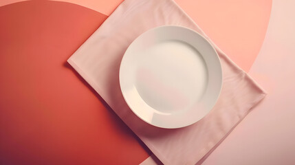 Aufkleber - Top view on colored background empty round white plate on tablecloth for food Empty dish on napkin with space for your design : Generative AI