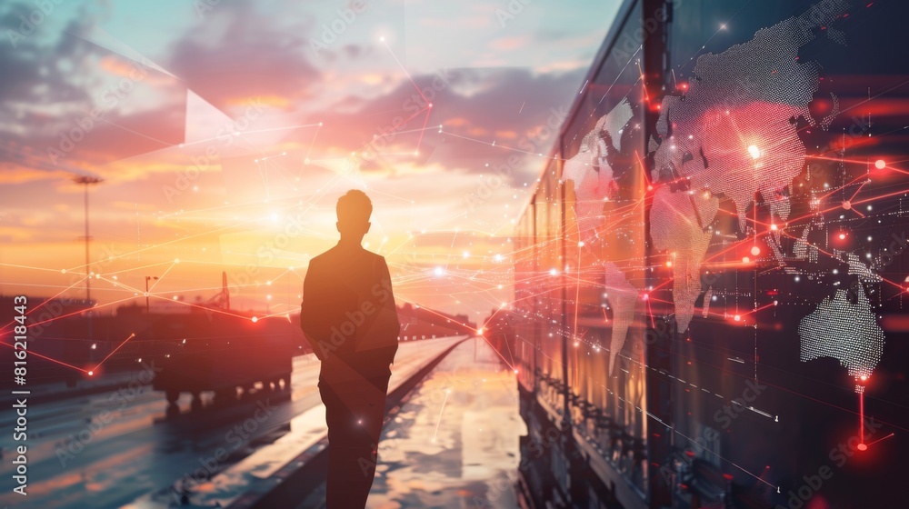 Double exposure businessman standing with global business logistics ...