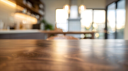 Aufkleber - blurred kitchen interior and wooden desk space home background : Generative AI