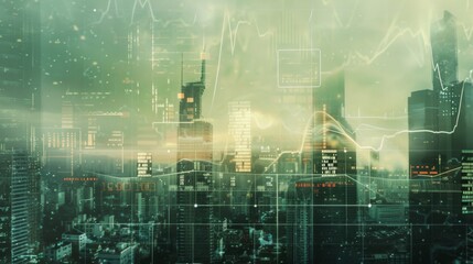 Poster - Economic crisis concept shown by declining graphs and digital indicators overlap modernistic city background. Double exposure.
