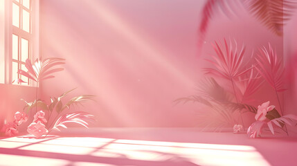 Aufkleber - Abstract pink color gradient studio background for product presentation Empty room with shadows of window and flowers and palm leaves  3d room with copy space Summer concert Blurred ba : Generative AI