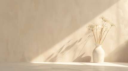 Aufkleber - Flowers in vase shade silhouette on a neutral beige textured wall and floor background aesthetic sun light shadow empty template for home room interior product mockup with copy space : Generative AI