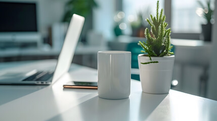 Fototapete - Close up view of comfortable office desk with laptop mug tree pot office supplies and copy space on white table in glass partition office : Generative AI