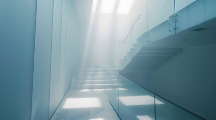 Aufkleber - Bright interior hallway with modern design featuring a staircase glass railing and a skylight : Generative AI